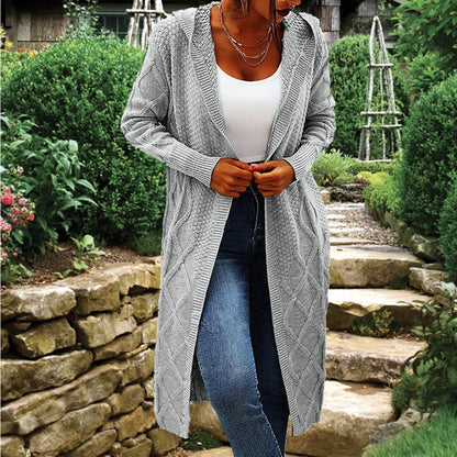 Damen Strickcardigan Lang Hochkragen Zopfmuster Beige