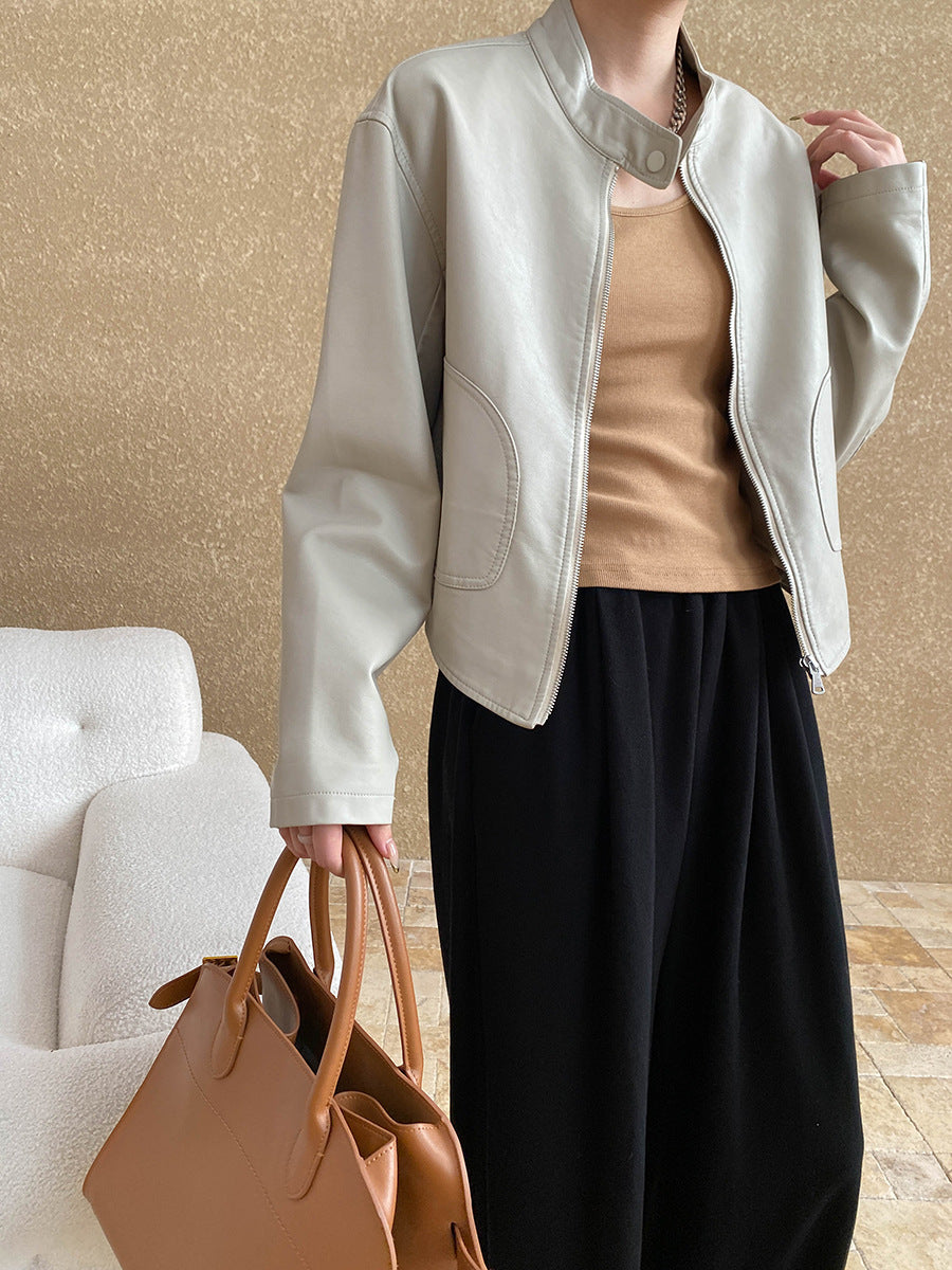 Damen Kunstlederjacke Stehkragen Taschen Eveloria