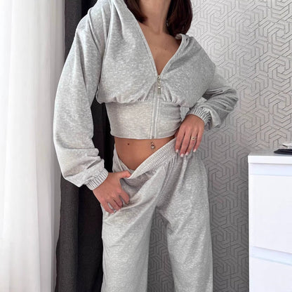Damen Lounge-Set mit Kapuze Elastischer Bund Grau Eveloria
