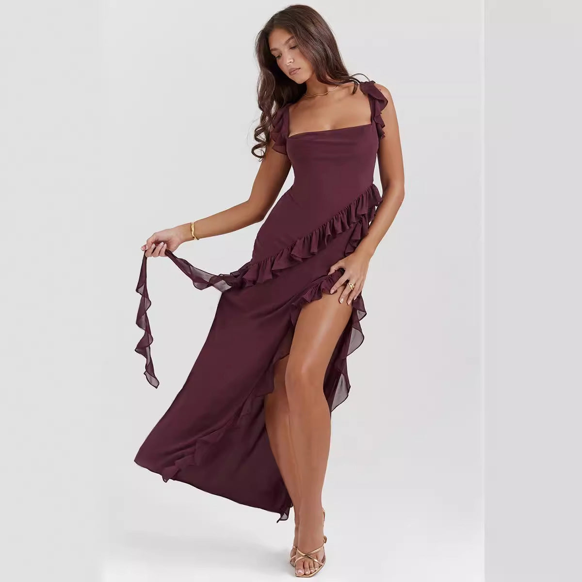 Damen Asymmetrisches Kleid Rüschendetails Floralmuster Eveloria