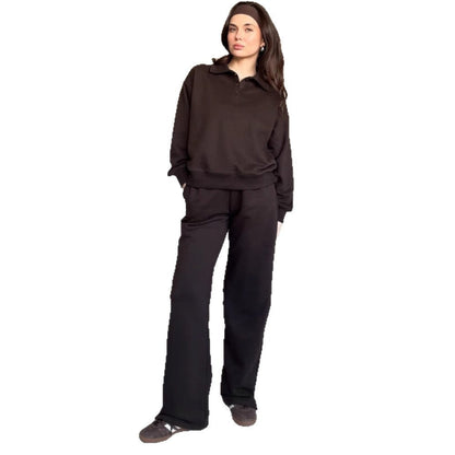 Damen Fleece-Anzug mit Polo-Kragen und geraden Hosen weich