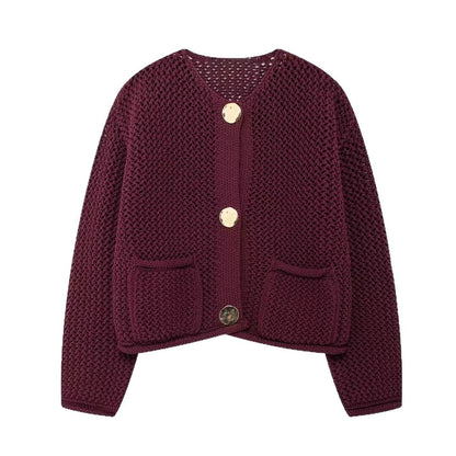 Damen Netzstrickjacke mit Taschen und Knöpfen Eveloria