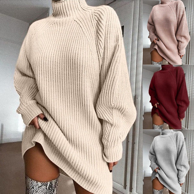 Damen Strickpullover Oversized Stehkragen Rippenmuster Beige