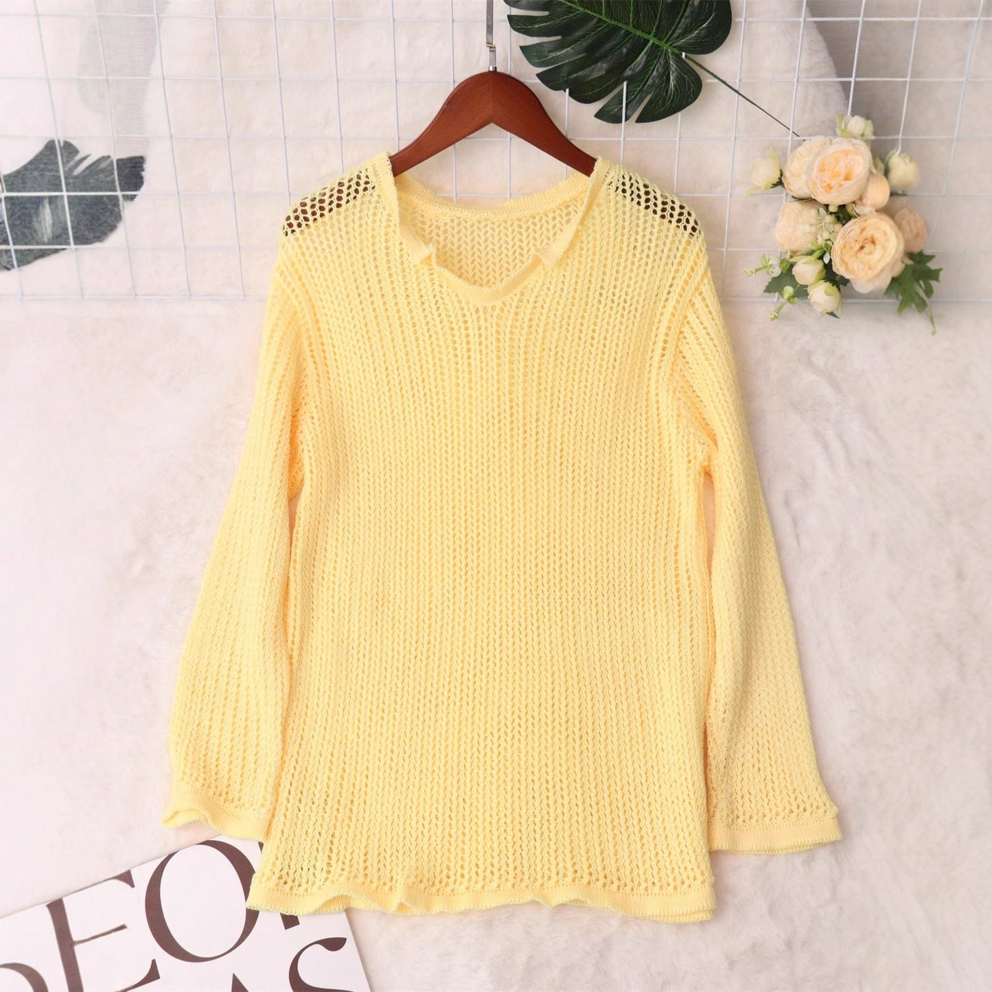 Damen Strickpullover Luftiger Netzdesign