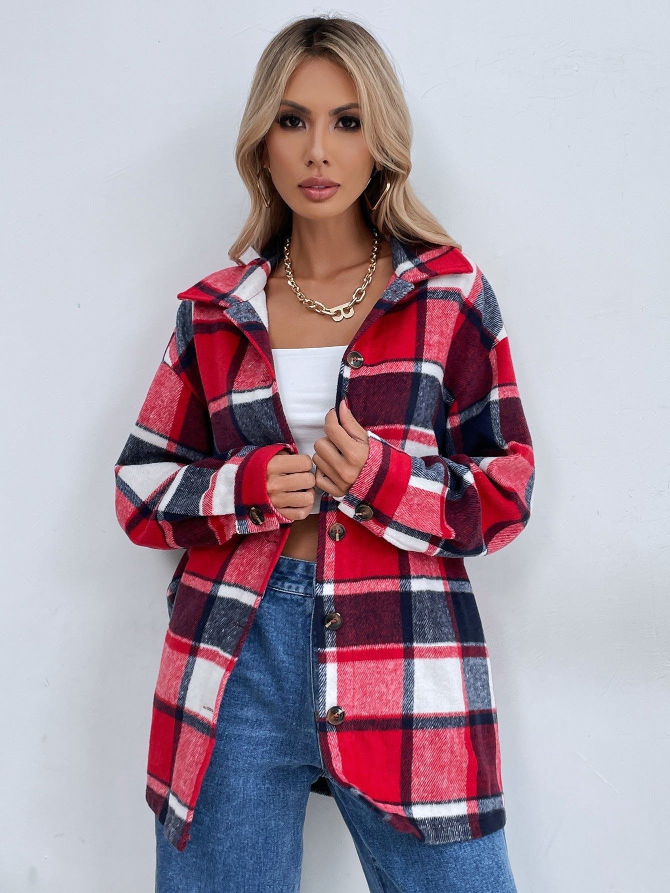 Damen Flanelljacke Kariert Knöpfe Braun