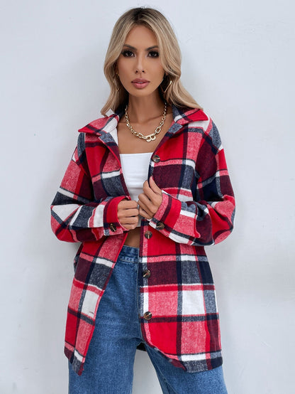 Damen Flanelljacke Kariert Knöpfe Braun