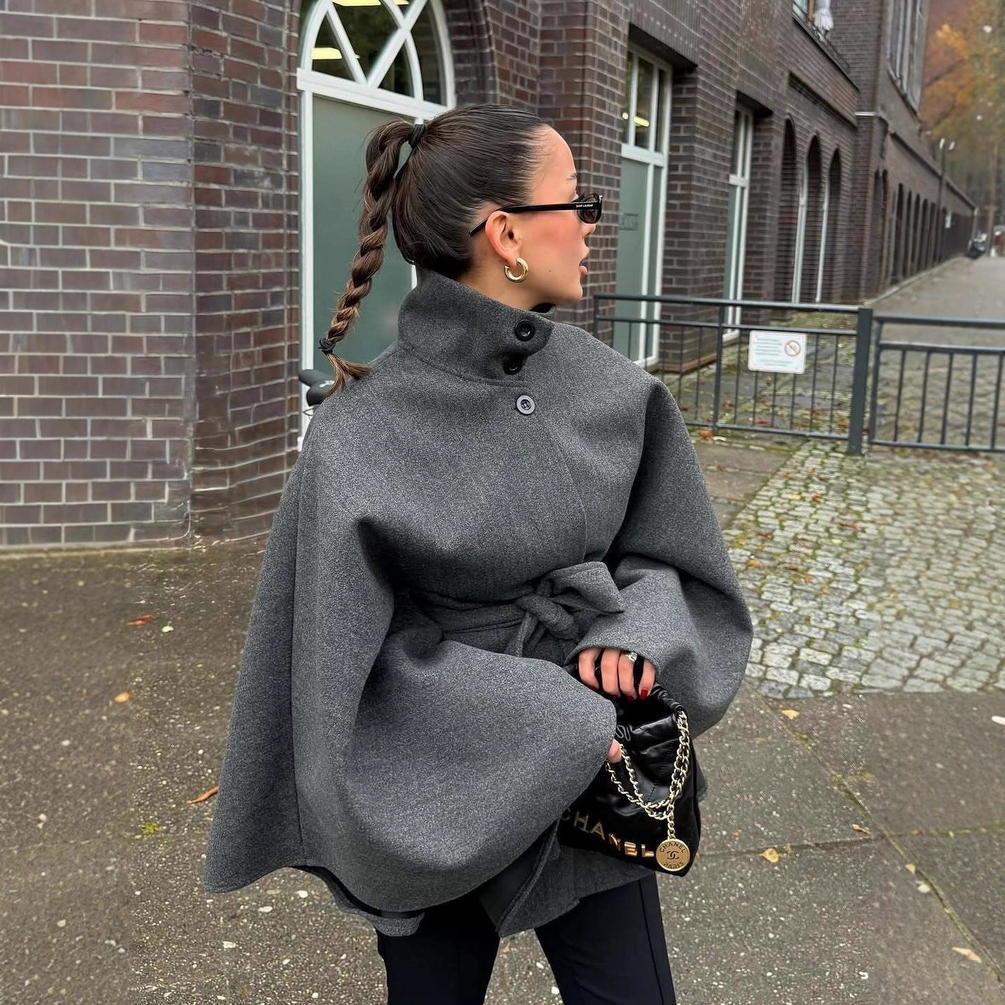 Damen Umhangjacke Wollmix Taillengürtel Schwarz Eveloria - Eveloria