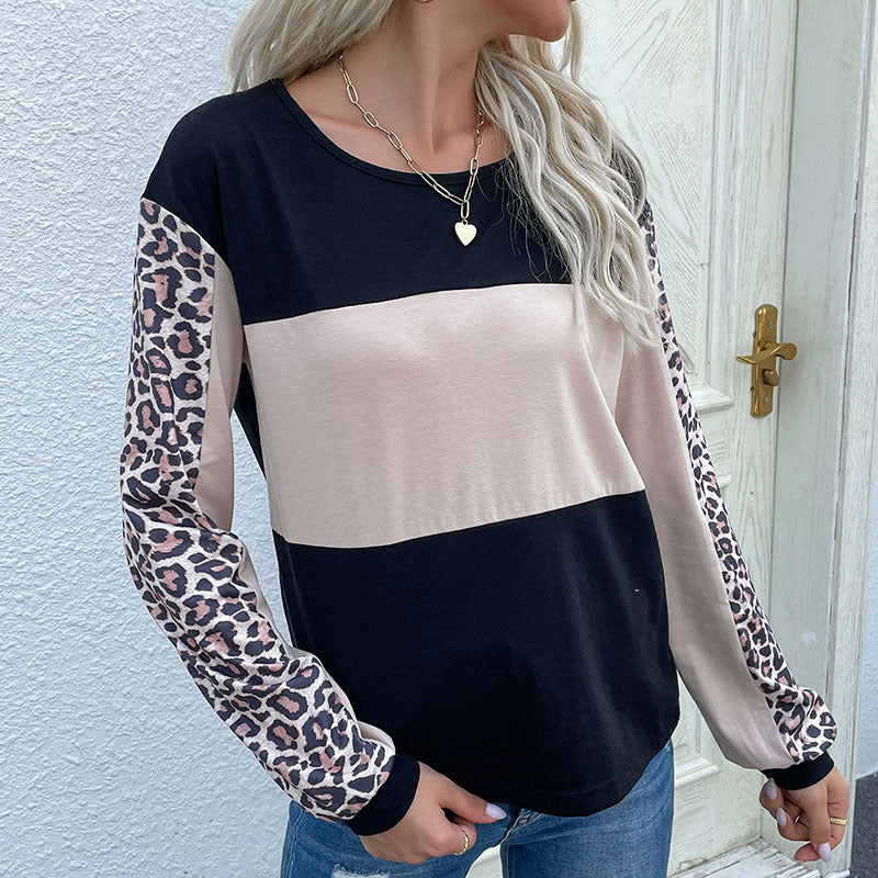Damen Sweatshirt Gestreift Leopardenärmel Moderner Schnitt - Eveloria