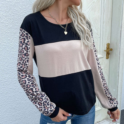 Damen Sweatshirt Gestreift Leopardenärmel Moderner Schnitt - Eveloria