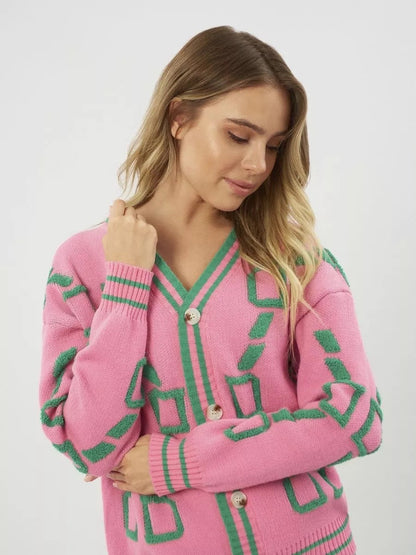 Damen Strickjacke Bunt Geometrisches Muster Knöpfe Eveloria