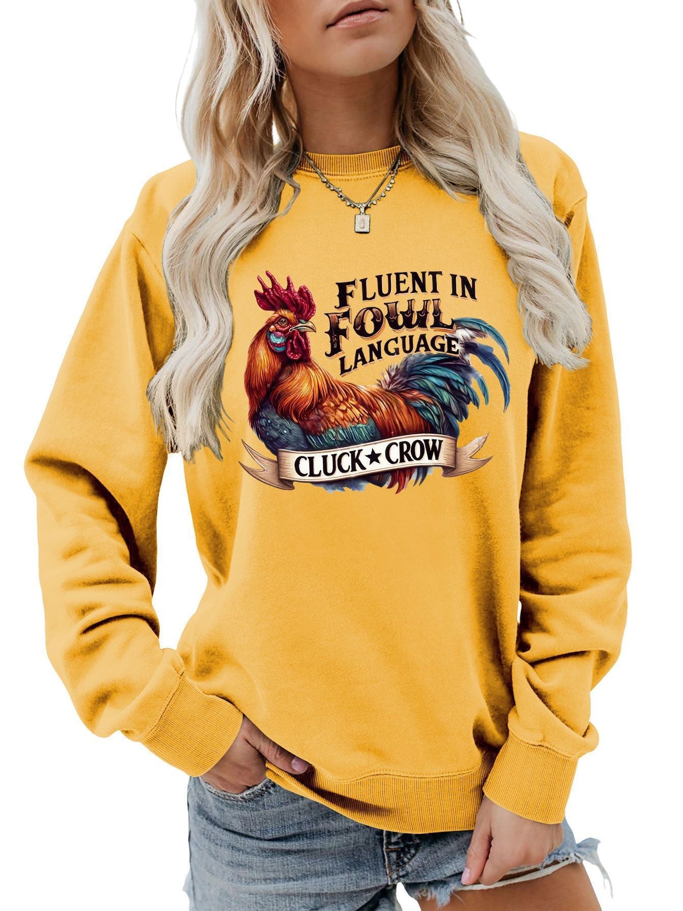 Damen Sweatshirt Hühnermotiv Bequem Grau Eveloria