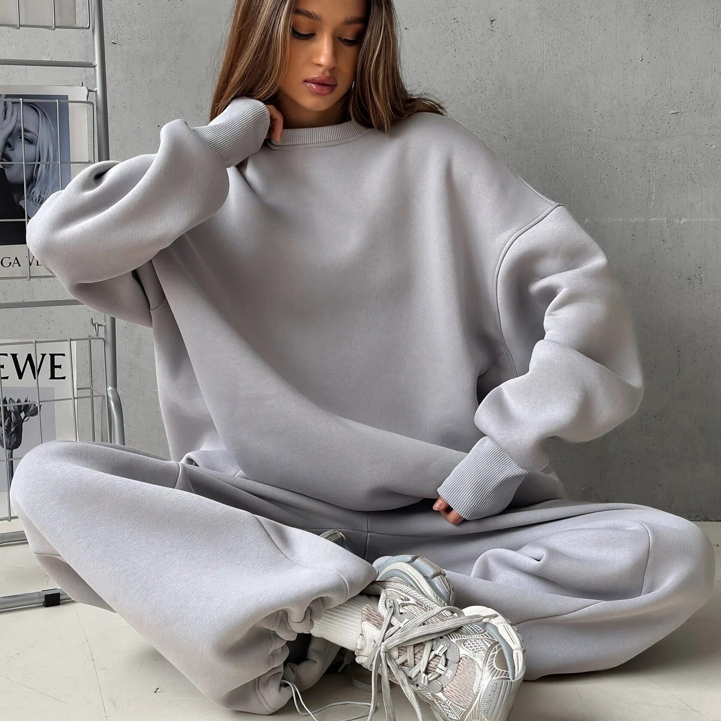 Damen Oversized Sweatshirt Jogginghose Set Grau Eveloria