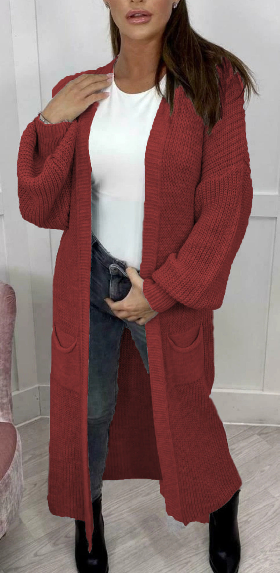 Damen Grobstrickmantel Offen Lässig Beige
