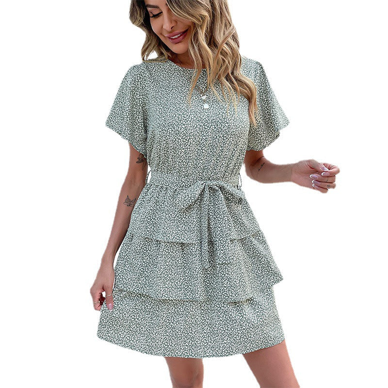Damen Sommerkleid mit Rüschen und Gürtel Voluminöser Rock