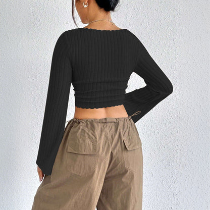 Damen Langarm Crop Rippdesign Abgerundeter Saum Eveloria