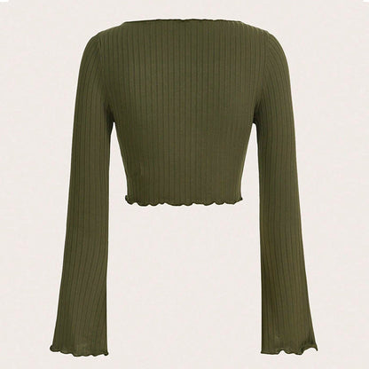 Damen Cropped Langarmshirt Asymmetrischer Saum Rüschen