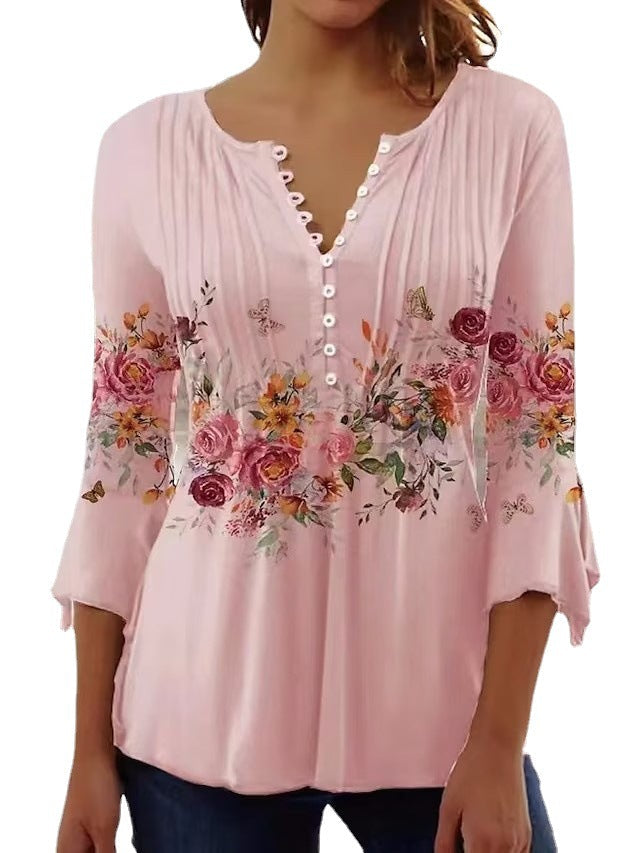 Damen Bluse Floralmuster Knopfdetail