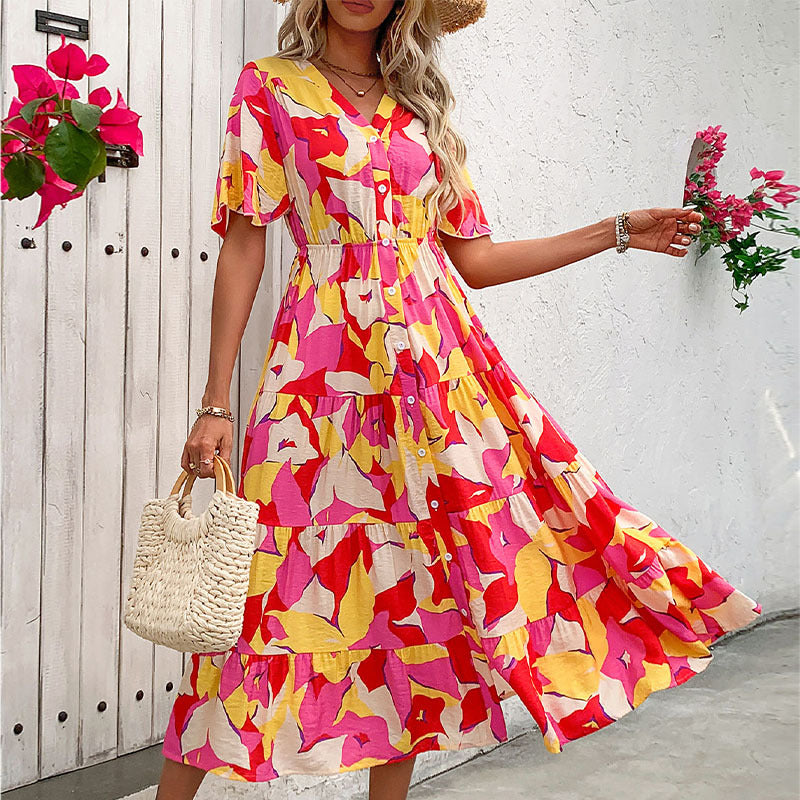 Damen Maxikleid Blumenmuster Knöpfe Rüschen Eveloria