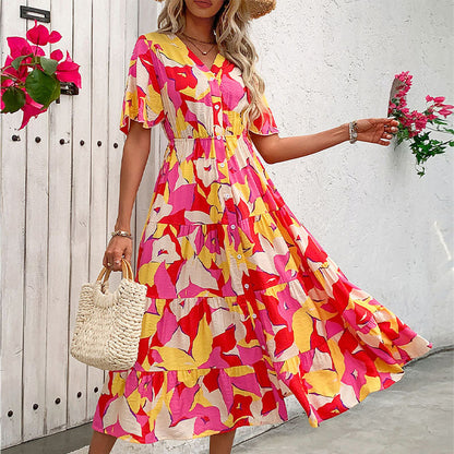 Damen Maxikleid Blumenmuster Knöpfe Rüschen Eveloria