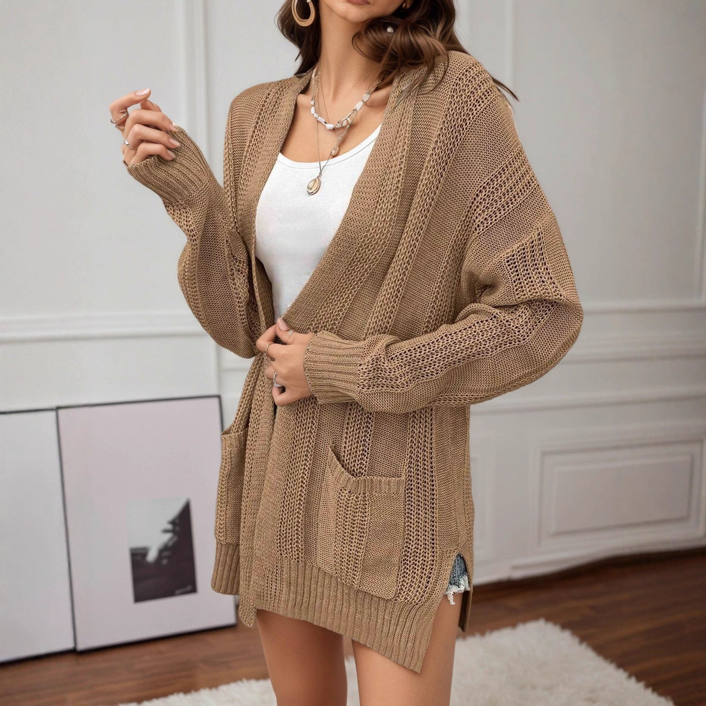 Damen Strickcardigan Lässig Offene Maschen Praktische Taschen Beige