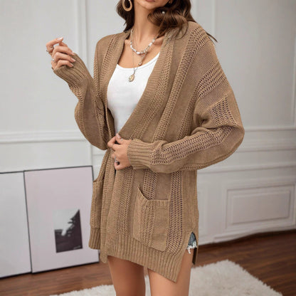 Damen Strickcardigan Lässig Offene Maschen Praktische Taschen Beige