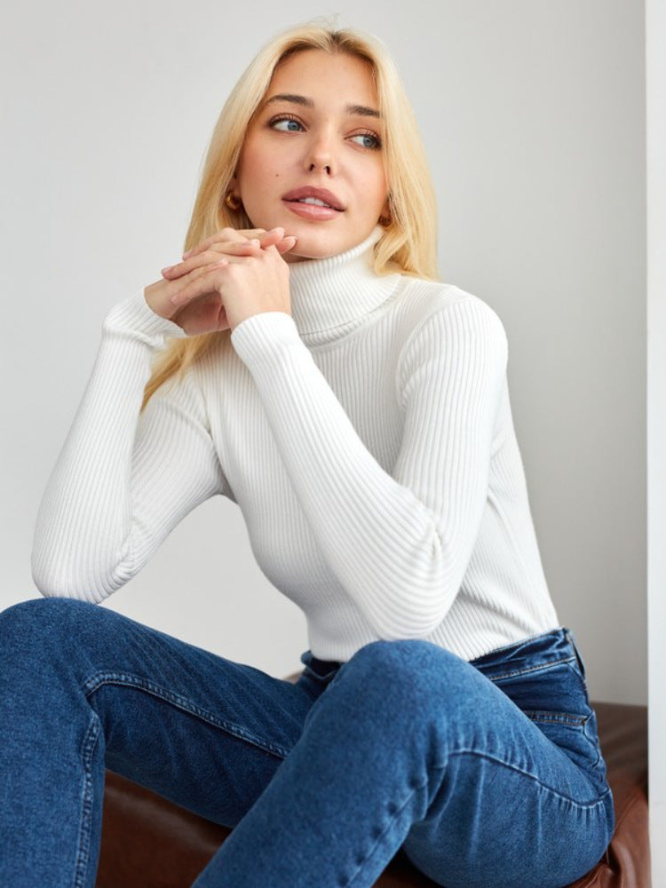 Damen Pullover Lang Hohler Kragen Feine Rippenstruktur Beige