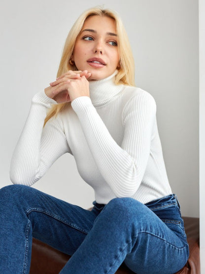 Damen Pullover Lang Hohler Kragen Feine Rippenstruktur Beige