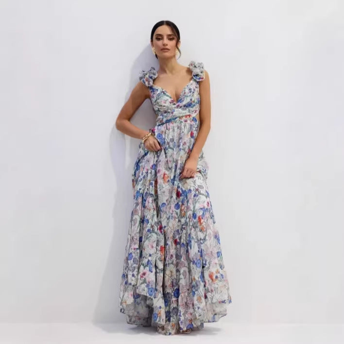 Damen Maxikleid Vintage-Stil Fließender Rock Rüschendetails