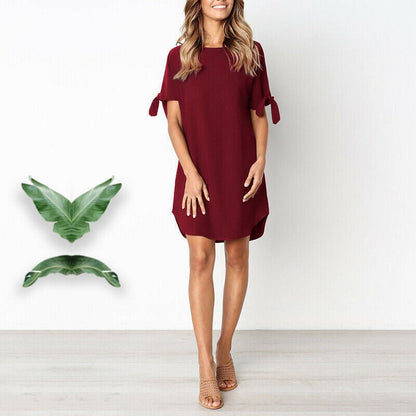 Damen Leinenkleid mit Bindärmeln Beige - Eveloria