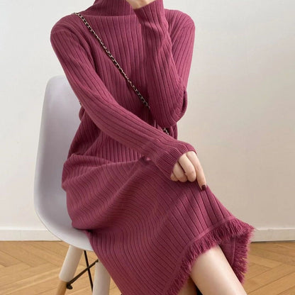 Damen Langarm Strickkleid Rippdesign Flauschig Anthrazit