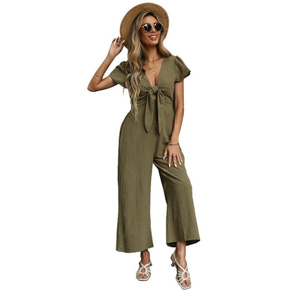 Damen Jumpsuit Hochgeschlossen Dekolleté Knoten-Detail Eveloria