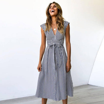 Damen Midi-Kleid V-Ausschnitt Taillengürtel Eveloria