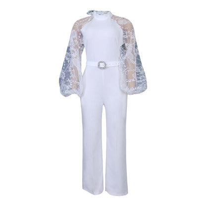 Damen Jumpsuit Puffärmel Taillengürtel Eveloria