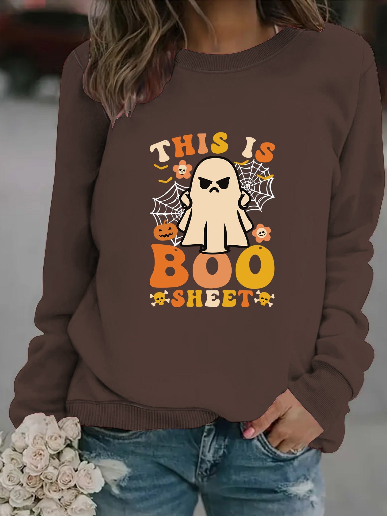 Damen Sweatshirt Herbst-Print Lässiger Schnitt Beige
