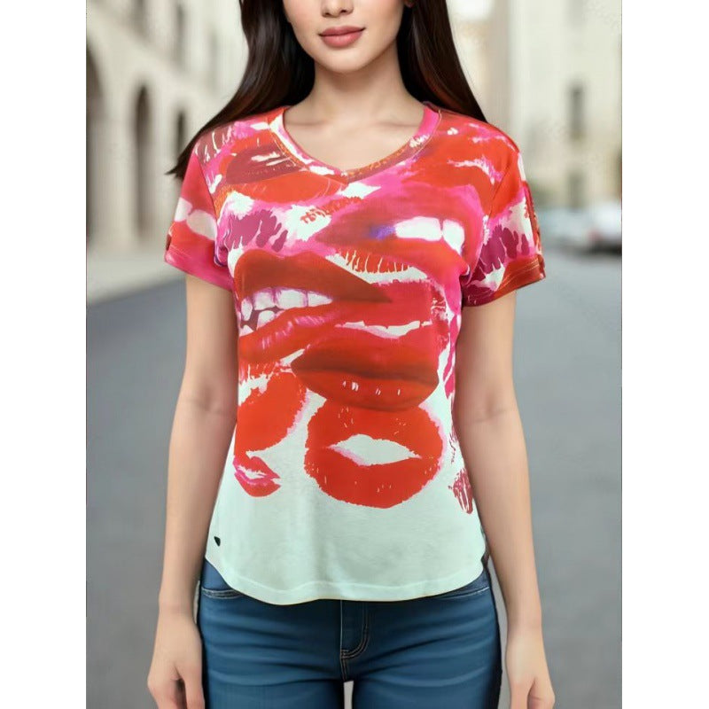 Damen T-Shirt mit Lippenmotiv Lässig Weiß - Eveloria
