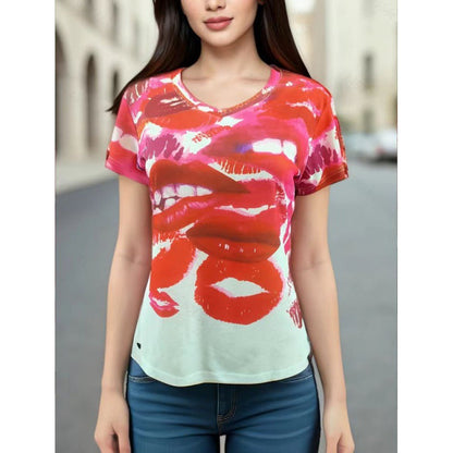 Damen T-Shirt mit Lippenmotiv Lässig Weiß - Eveloria