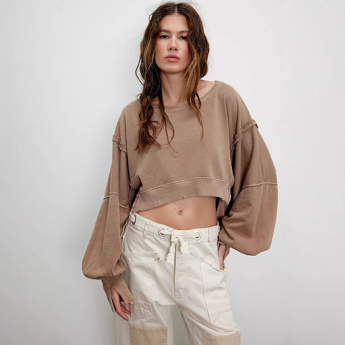 Damen Cropped Sweatpullover Weite Ärmel Grau Eveloria