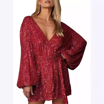 Damen Minikleid Glitzernd Tiefauschnitt Weite Ärmel Eveloria