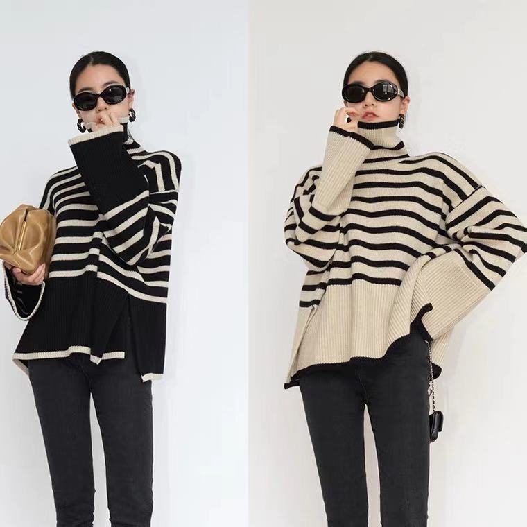 Damen Rollkragenpullover Grobgestrickt Maritimes Streifenmuster Beige