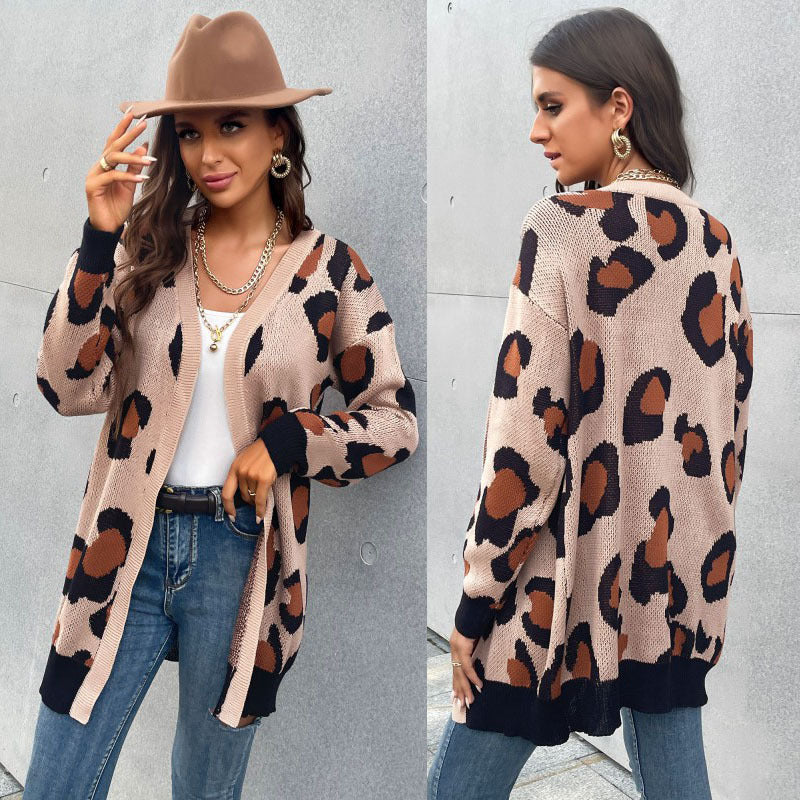 Damen Cardigan Lässig Leopardenmuster Offener Schnitt