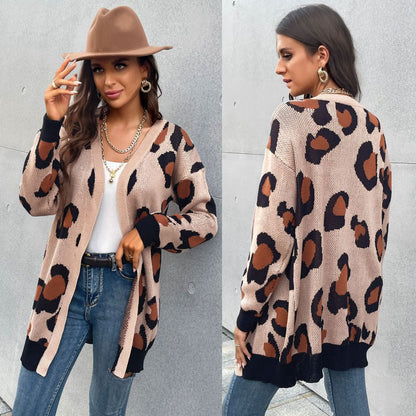 Damen Cardigan Lässig Leopardenmuster Offener Schnitt