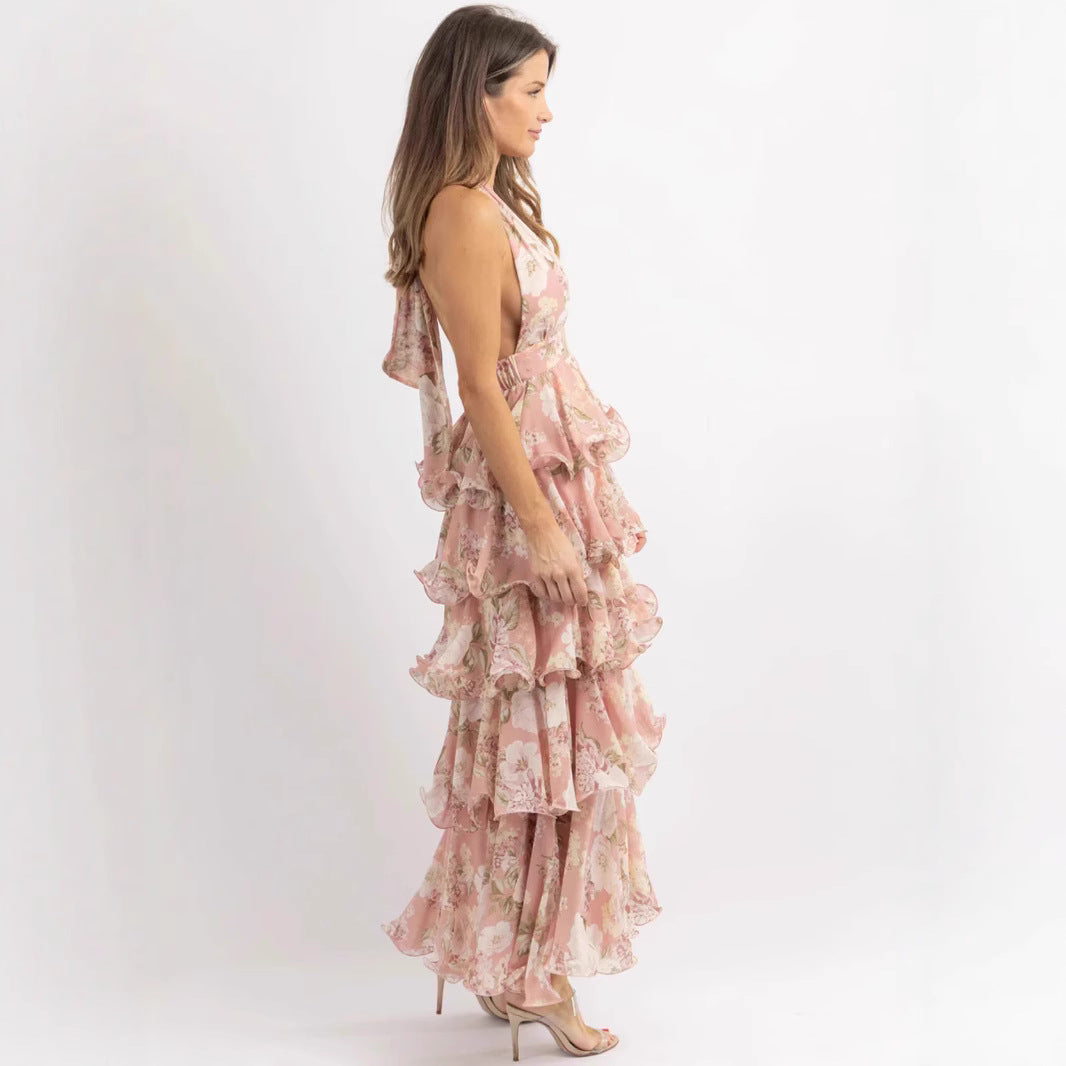 Damen Maxikleid Floraler Druck Mit Volants
