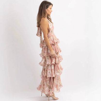 Damen Maxikleid Floraler Druck Mit Volants