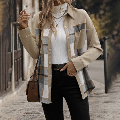 Damen Oversized Hemdjacke Kariert Baumwolle Praktische Taschen