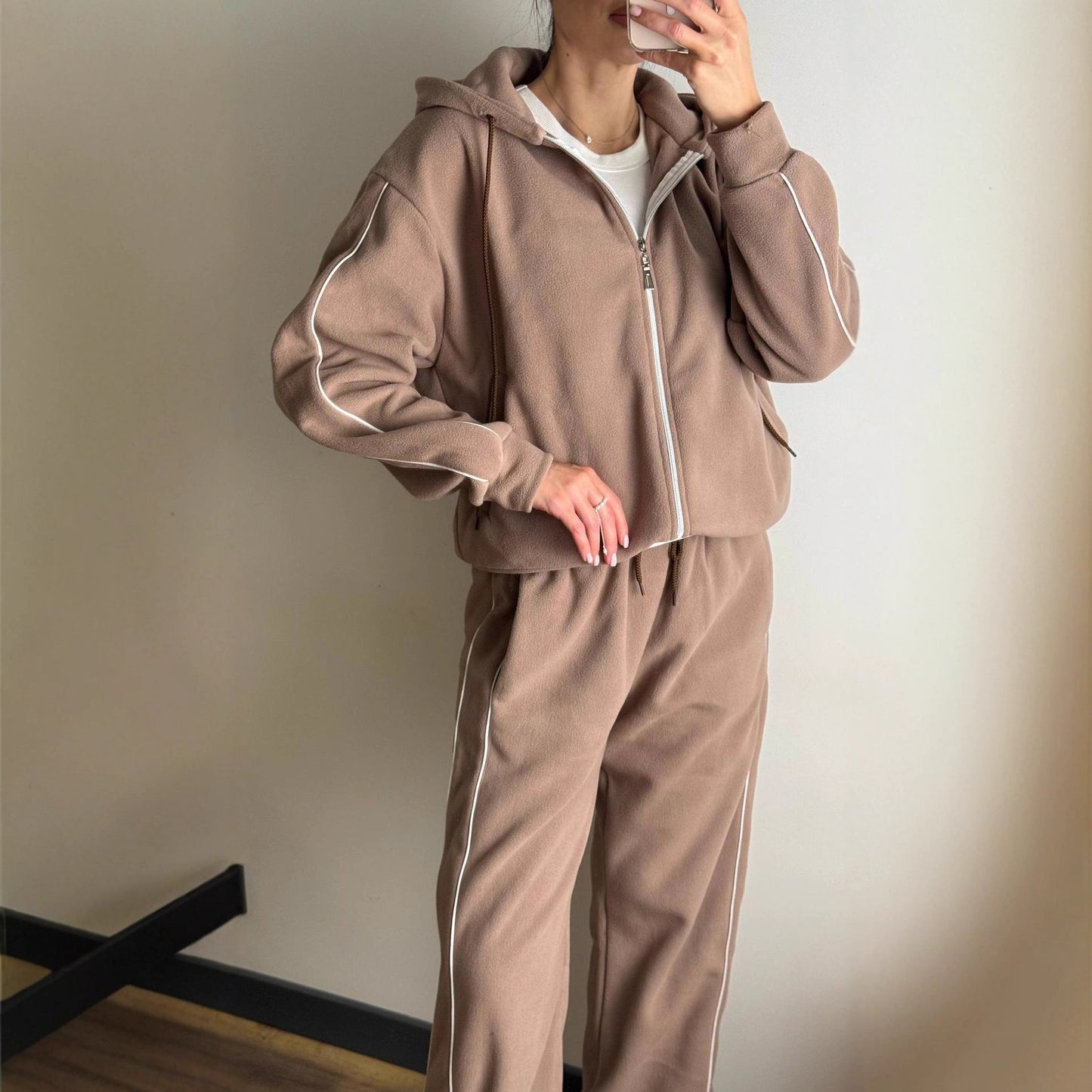 Damen Fleece-Anzug-Set Sportlich mit Reißverschluss und Seitlichen