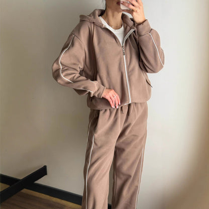 Damen Fleece-Anzug-Set Sportlich mit Reißverschluss und Seitlichen