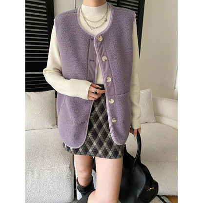 Damen Fleece-Weste mit Knöpfen und hohem Kragen