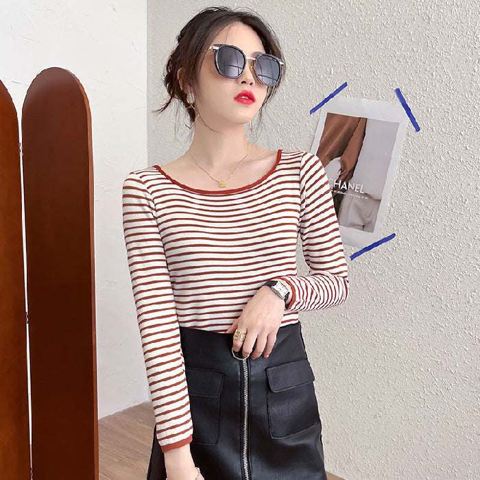 Damen Langarmshirt Maritimes Streifenmuster Weite Rundhalsausschnitt