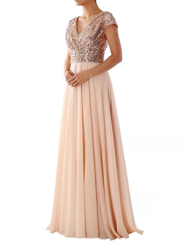 Damen Maxi Kleid V-Ausschnitt Paillette Chiffon Paneel