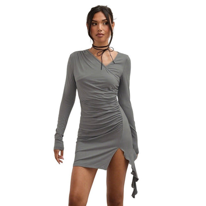 Damen Wickelminikleid Raffung Asymmetrisch Eveloria